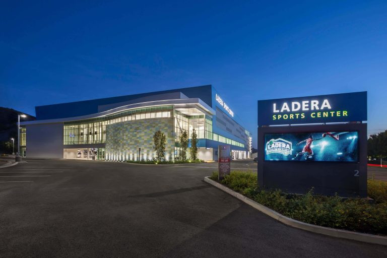 Nighttime shot of Ladera Sports Center exterior